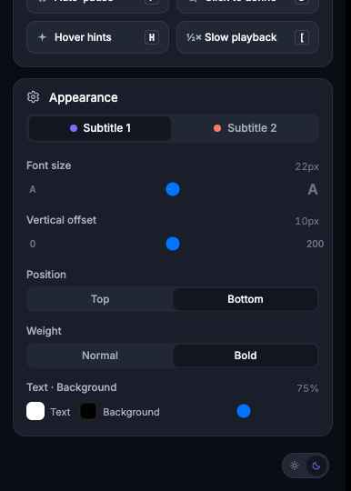 2Subs appearance settings panel with font size, vertical offset, position, weight, and background controls