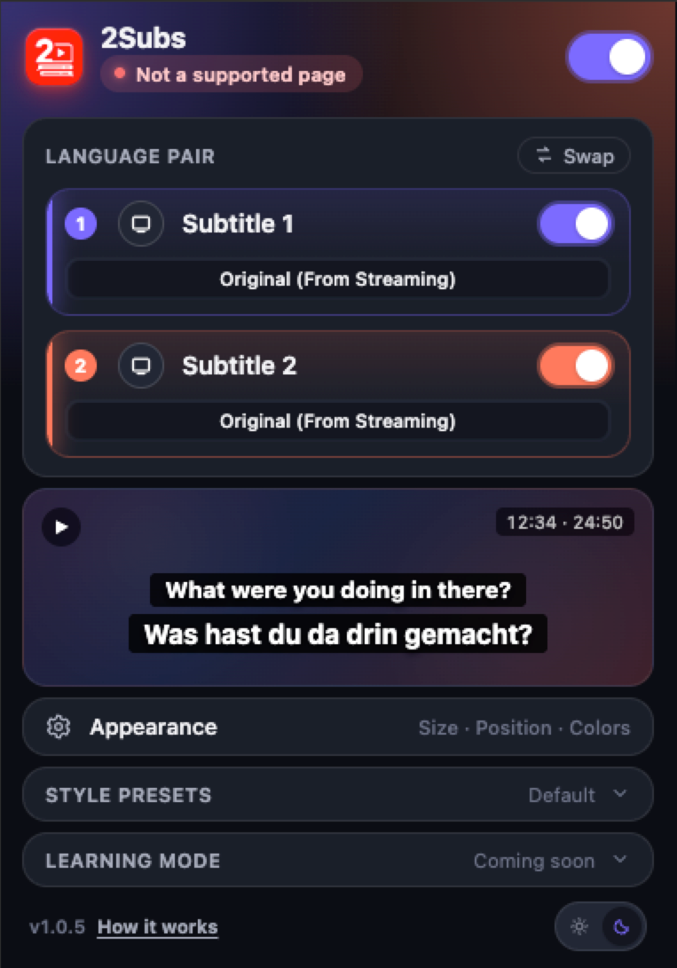 2Subs extension popup showing English and Spanish language pair, with live dual subtitles